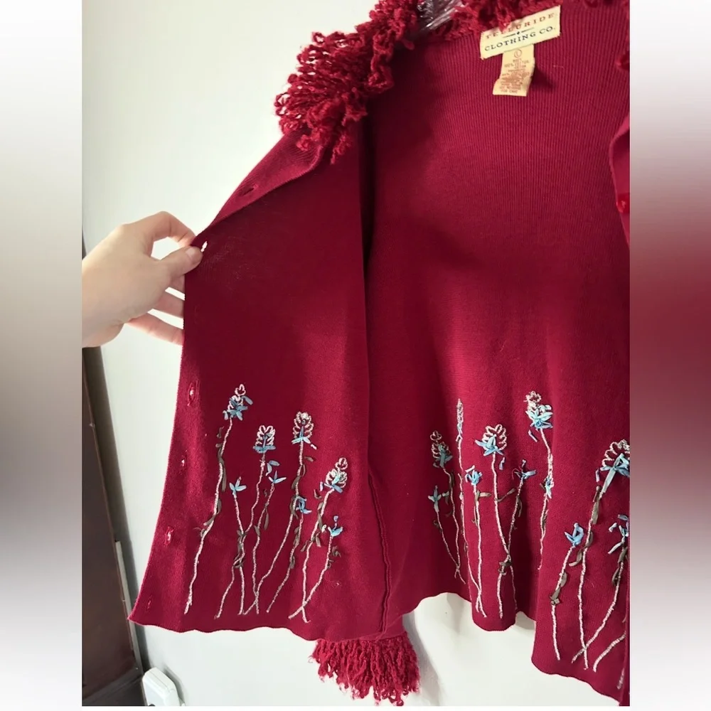 Y2K TELLURIDE 90s Fringe Trim 3D Floral Cardigan Sweater Whimsigoth Boho Size L